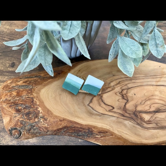 Hand Crafted Jewelry - Handmade Clay Square Studs - Forest Greens Series